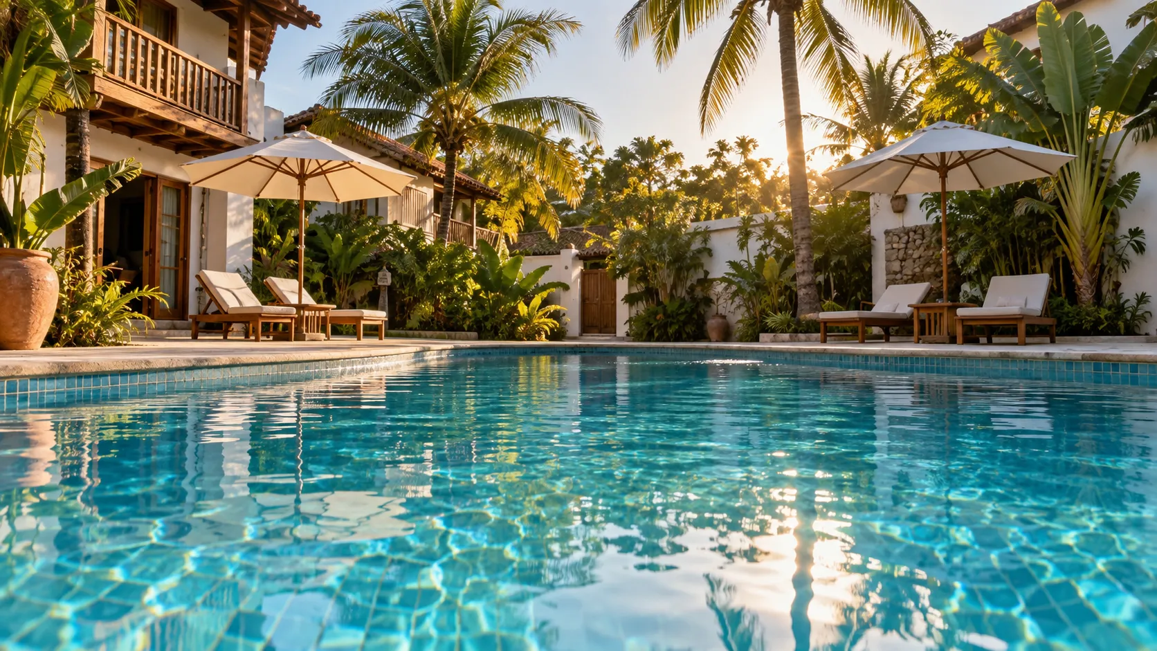 Piscina em pátio de pousada tropical — cena ilustrativa gerada por IA
