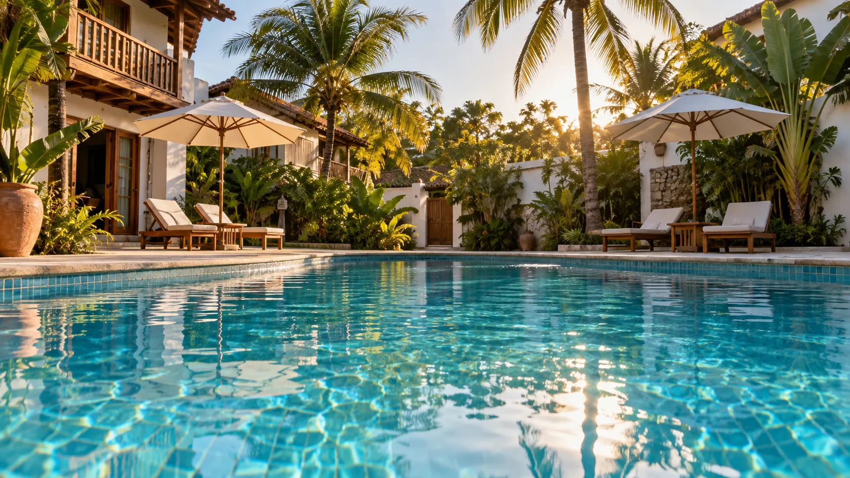 Piscina em jardim tropical de pousada — imagem ilustrativa