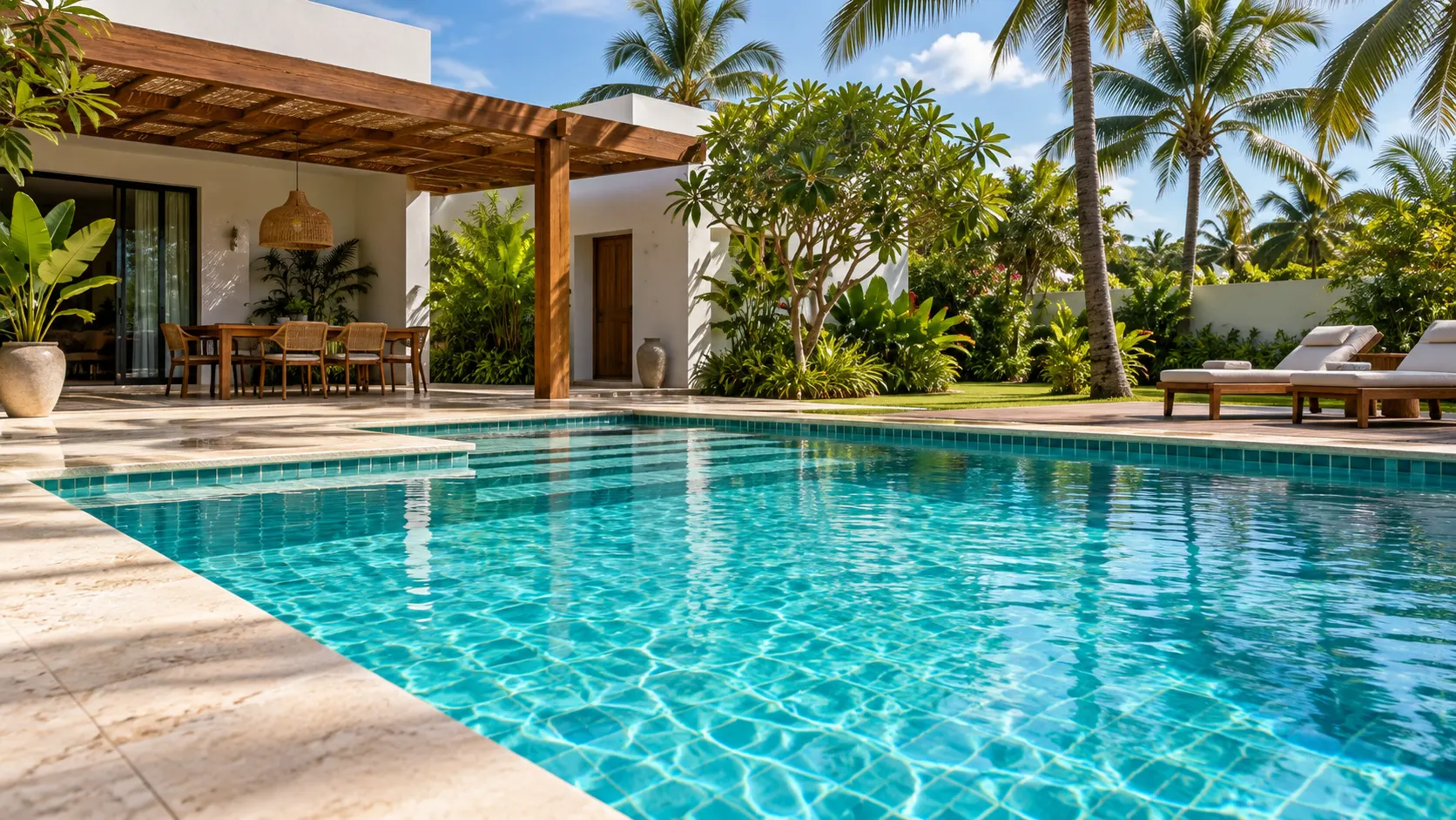 Piscina de água cristalina em jardim tropical — imagem ilustrativa